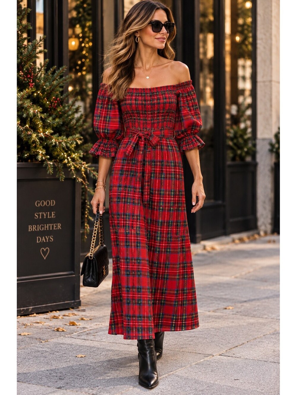 CUPSHE Red Tartan Plaid Smocked Off Shoulder Maxi Dress Size M NWT